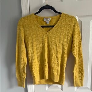 Talbots Petites Pima Cotton Yellow V-Neck Cable Knit Sweater Size S